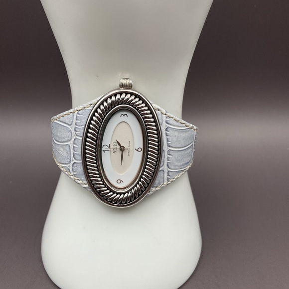 Ecclissi Sterling Silver Oval Rope Design Watch With Genuine Leather Band Grey - Picture 2 of 11